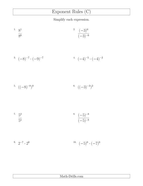 The Mixed Exponent Rules (With Negatives) (C) Math Worksheet
