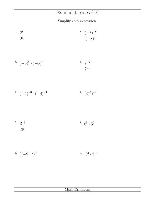 The Mixed Exponent Rules (With Negatives) (D) Math Worksheet