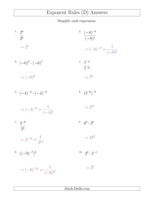 The Mixed Exponent Rules (With Negatives) (D) Math Worksheet Page 2