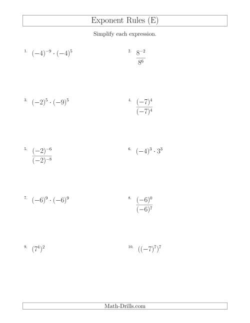 The Mixed Exponent Rules (With Negatives) (E) Math Worksheet