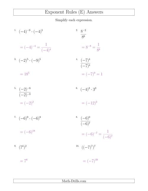 The Mixed Exponent Rules (With Negatives) (E) Math Worksheet Page 2