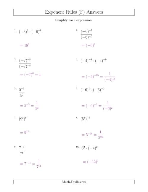The Mixed Exponent Rules (With Negatives) (F) Math Worksheet Page 2