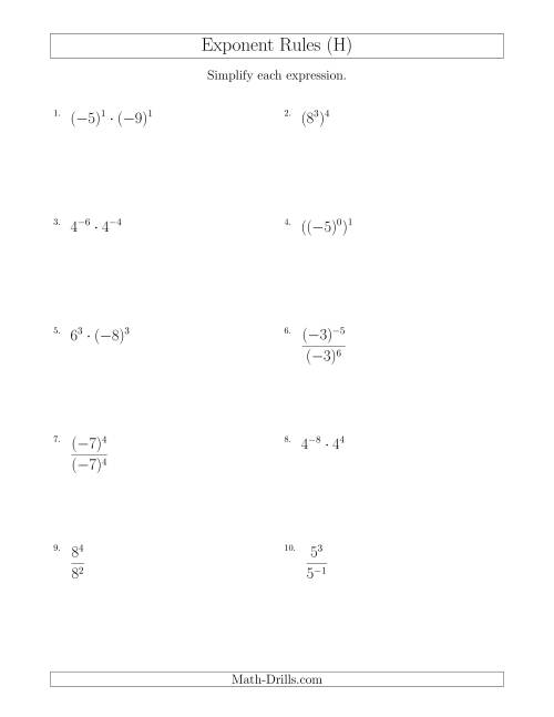 The Mixed Exponent Rules (With Negatives) (H) Math Worksheet