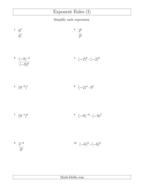 The Mixed Exponent Rules (With Negatives) (I) Math Worksheet