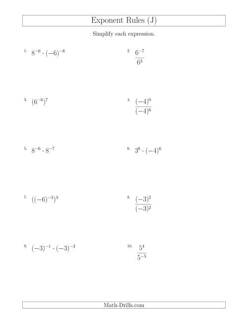 The Mixed Exponent Rules (With Negatives) (J) Math Worksheet