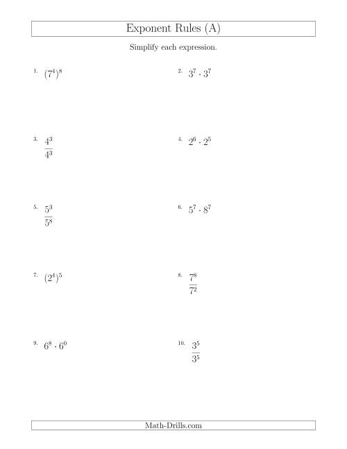 The Mixed Exponent Rules (All Positive) (A) Math Worksheet