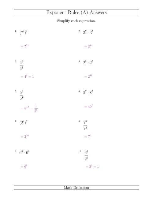 The Mixed Exponent Rules (All Positive) (A) Math Worksheet Page 2