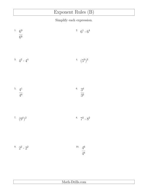 The Mixed Exponent Rules (All Positive) (B) Math Worksheet