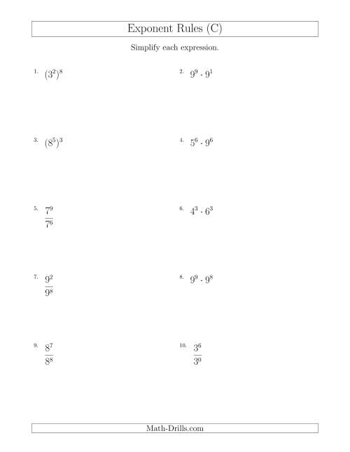 The Mixed Exponent Rules (All Positive) (C) Math Worksheet