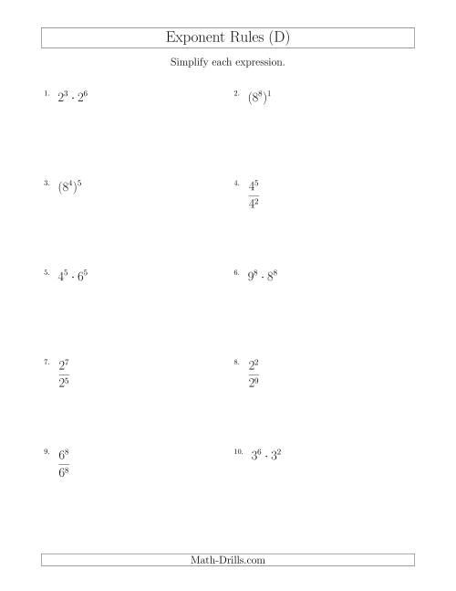 The Mixed Exponent Rules (All Positive) (D) Math Worksheet