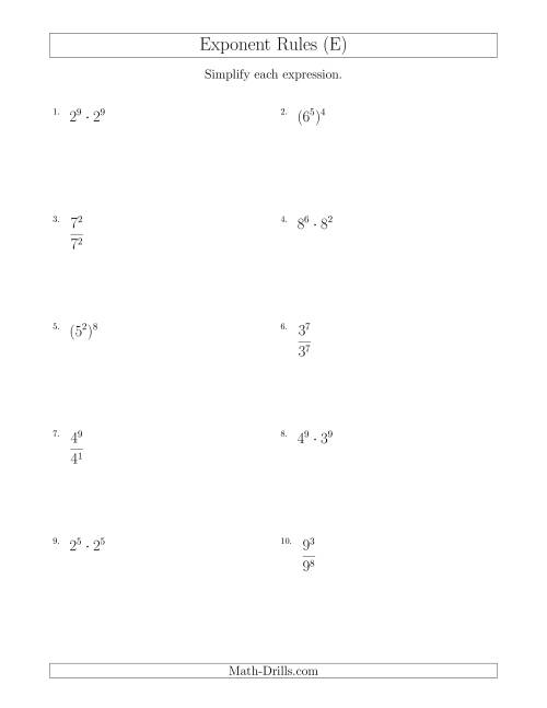 The Mixed Exponent Rules (All Positive) (E) Math Worksheet