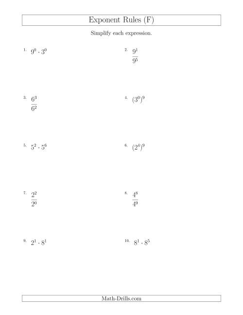 The Mixed Exponent Rules (All Positive) (F) Math Worksheet