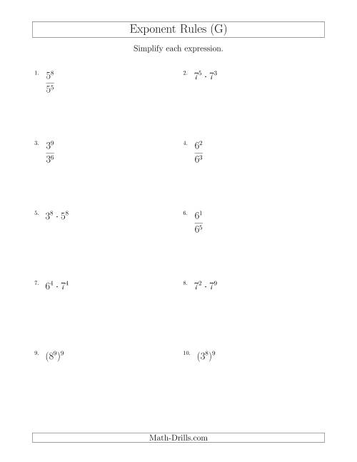 The Mixed Exponent Rules (All Positive) (G) Math Worksheet