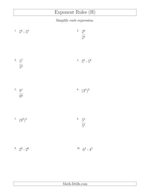 The Mixed Exponent Rules (All Positive) (H) Math Worksheet