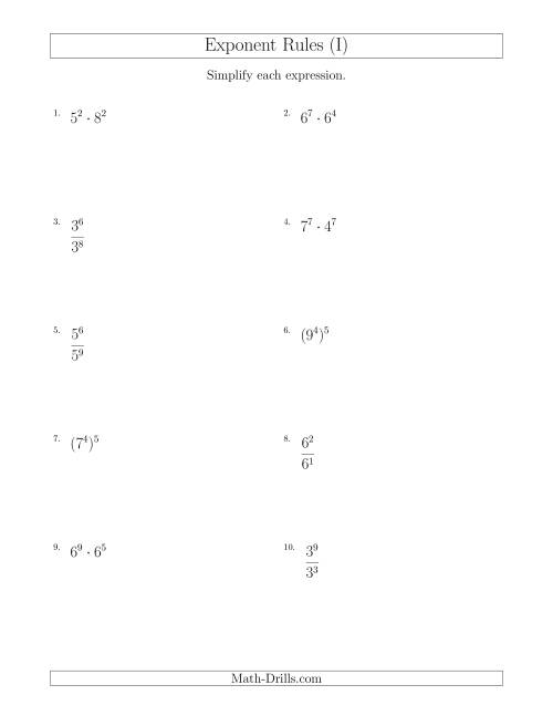The Mixed Exponent Rules (All Positive) (I) Math Worksheet