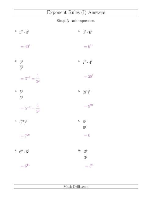 The Mixed Exponent Rules (All Positive) (I) Math Worksheet Page 2