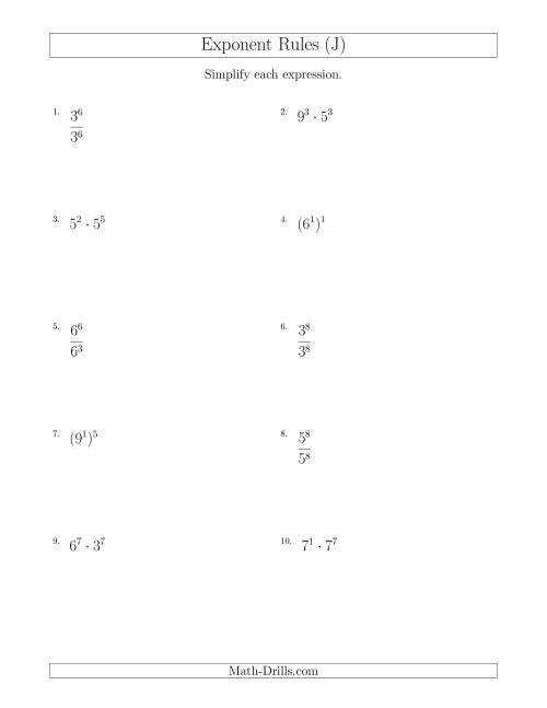 The Mixed Exponent Rules (All Positive) (J) Math Worksheet