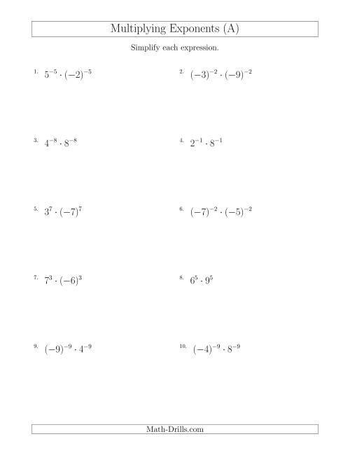 The Multiplying Exponents With Different Bases and the Same Exponent (With Negatives) (A) Math Worksheet