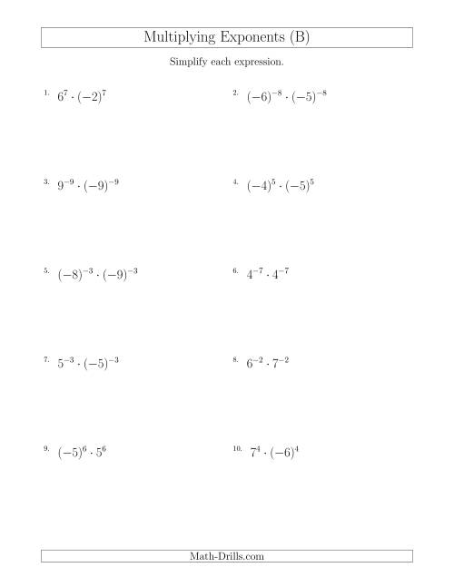 The Multiplying Exponents With Different Bases and the Same Exponent (With Negatives) (B) Math Worksheet