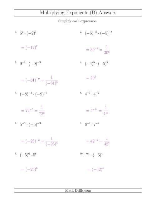 The Multiplying Exponents With Different Bases and the Same Exponent (With Negatives) (B) Math Worksheet Page 2