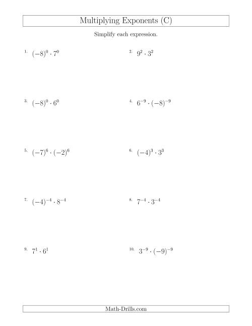 The Multiplying Exponents With Different Bases and the Same Exponent (With Negatives) (C) Math Worksheet