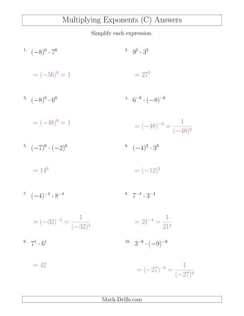 The Multiplying Exponents With Different Bases and the Same Exponent (With Negatives) (C) Math Worksheet Page 2