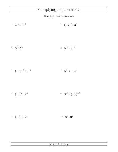 The Multiplying Exponents With Different Bases and the Same Exponent (With Negatives) (D) Math Worksheet