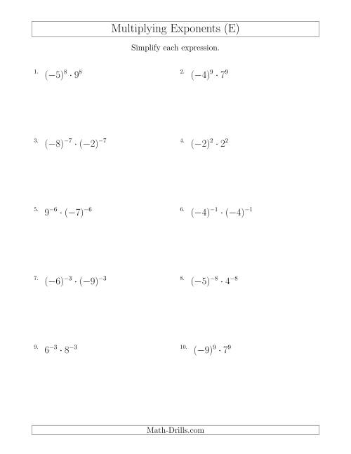 The Multiplying Exponents With Different Bases and the Same Exponent (With Negatives) (E) Math Worksheet