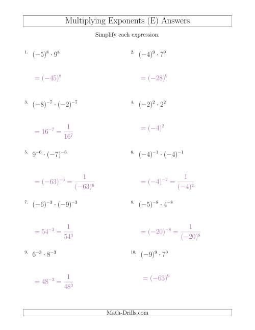 The Multiplying Exponents With Different Bases and the Same Exponent (With Negatives) (E) Math Worksheet Page 2