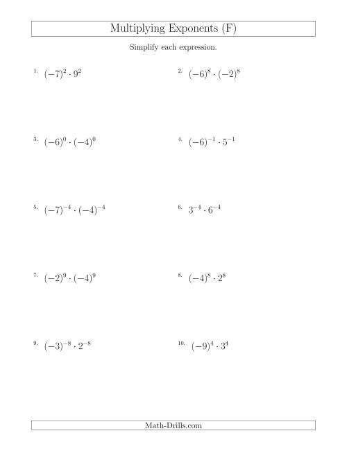 The Multiplying Exponents With Different Bases and the Same Exponent (With Negatives) (F) Math Worksheet