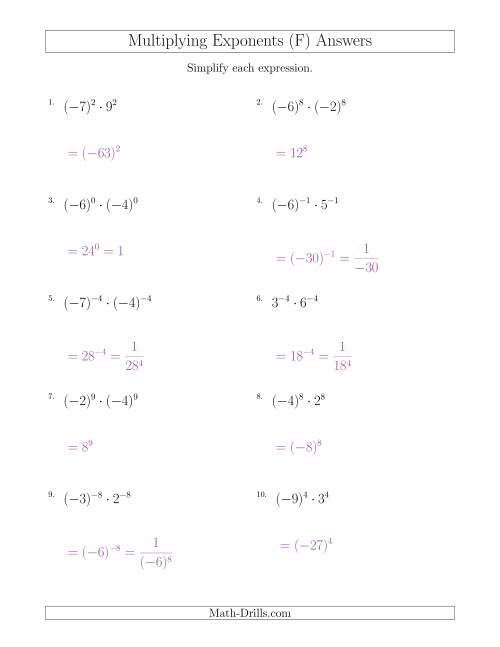 The Multiplying Exponents With Different Bases and the Same Exponent (With Negatives) (F) Math Worksheet Page 2