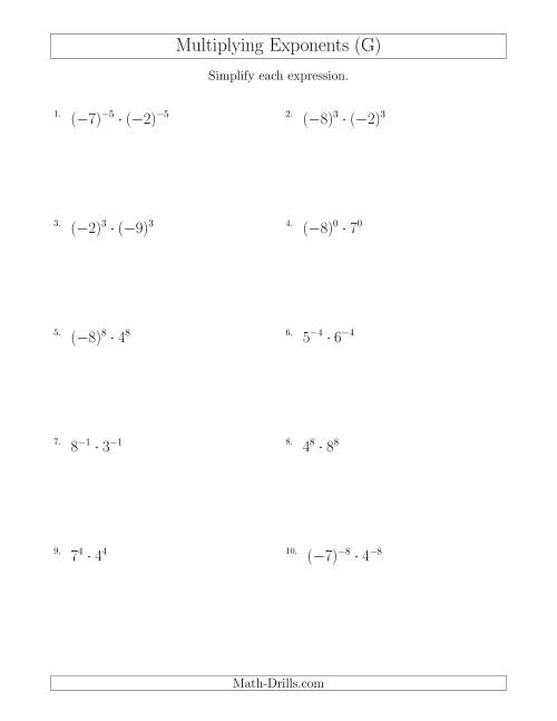 The Multiplying Exponents With Different Bases and the Same Exponent (With Negatives) (G) Math Worksheet