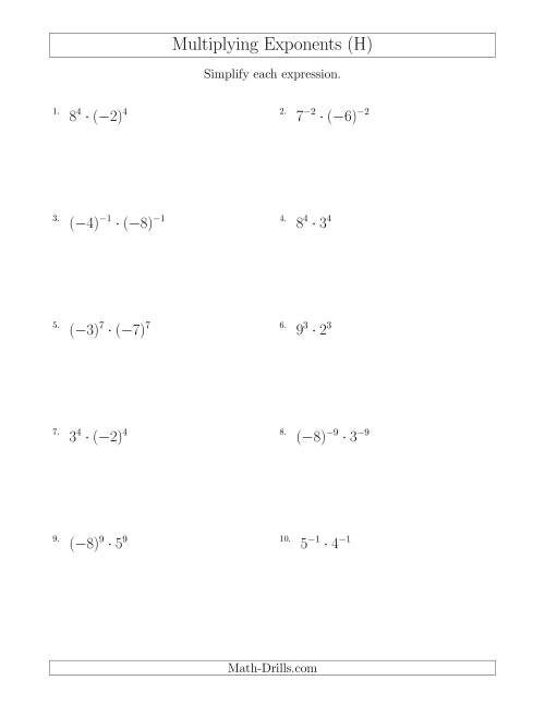 The Multiplying Exponents With Different Bases and the Same Exponent (With Negatives) (H) Math Worksheet