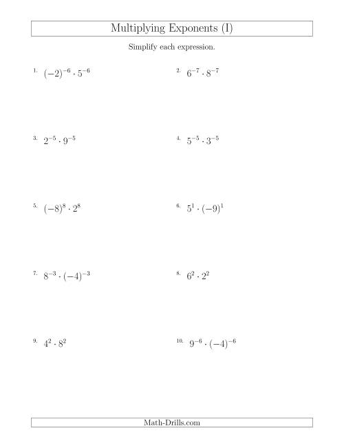 The Multiplying Exponents With Different Bases and the Same Exponent (With Negatives) (I) Math Worksheet