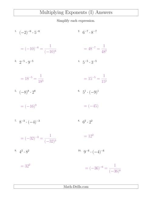The Multiplying Exponents With Different Bases and the Same Exponent (With Negatives) (I) Math Worksheet Page 2