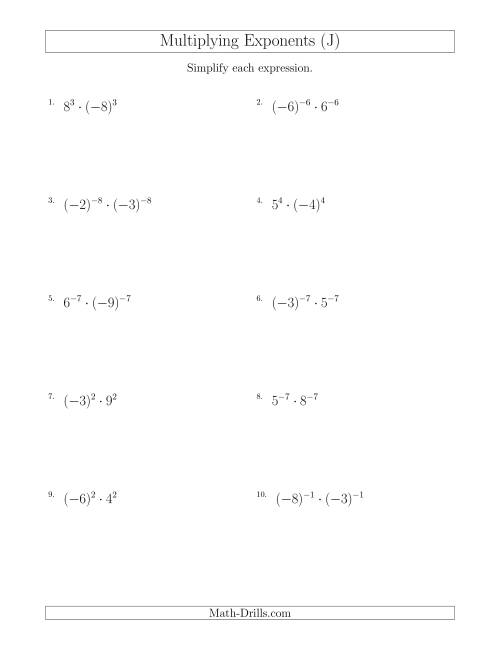 The Multiplying Exponents With Different Bases and the Same Exponent (With Negatives) (J) Math Worksheet