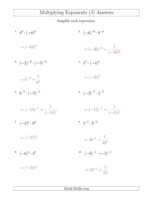 The Multiplying Exponents With Different Bases and the Same Exponent (With Negatives) (J) Math Worksheet Page 2