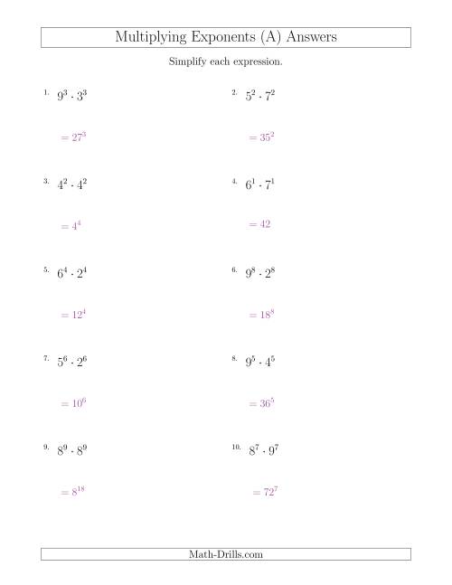 The Multiplying Exponents With Different Bases and the Same Exponent (All Positive) (A) Math Worksheet Page 2
