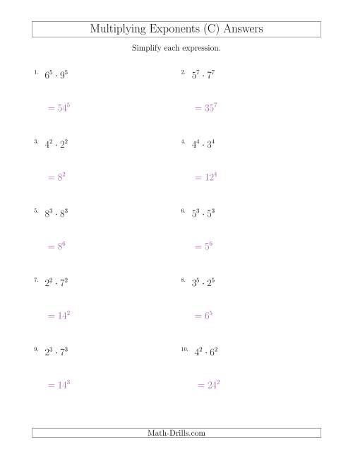 The Multiplying Exponents With Different Bases and the Same Exponent (All Positive) (C) Math Worksheet Page 2