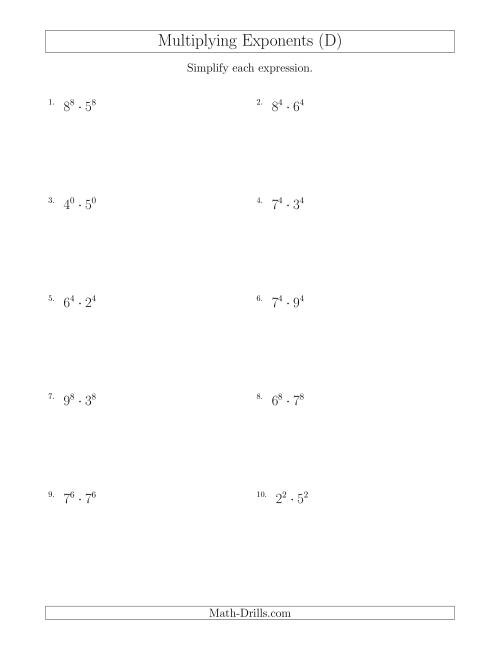 The Multiplying Exponents With Different Bases and the Same Exponent (All Positive) (D) Math Worksheet