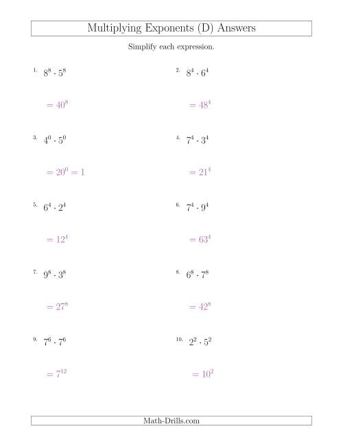The Multiplying Exponents With Different Bases and the Same Exponent (All Positive) (D) Math Worksheet Page 2
