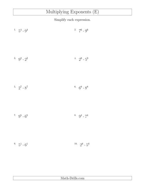 The Multiplying Exponents With Different Bases and the Same Exponent (All Positive) (E) Math Worksheet