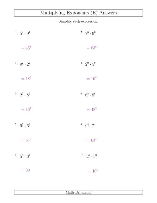 The Multiplying Exponents With Different Bases and the Same Exponent (All Positive) (E) Math Worksheet Page 2