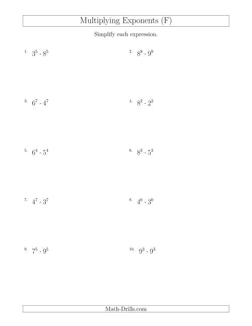 The Multiplying Exponents With Different Bases and the Same Exponent (All Positive) (F) Math Worksheet