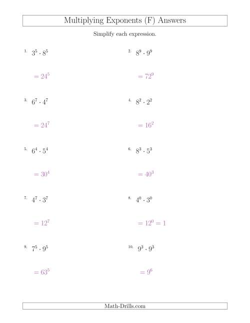The Multiplying Exponents With Different Bases and the Same Exponent (All Positive) (F) Math Worksheet Page 2