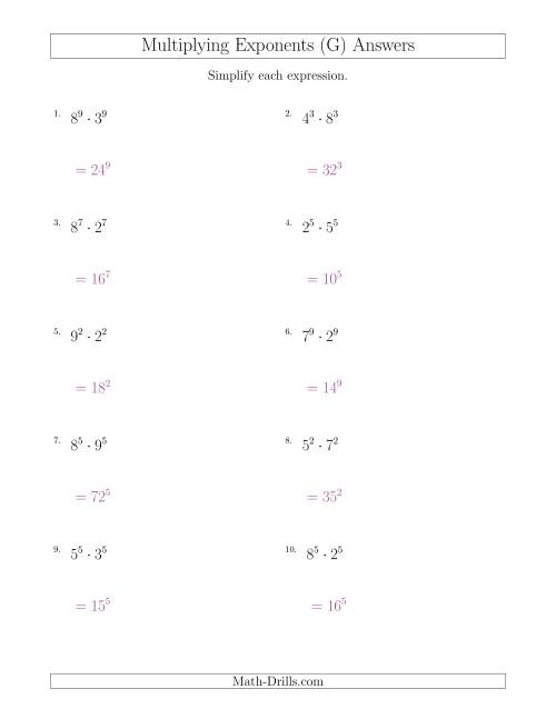 The Multiplying Exponents With Different Bases and the Same Exponent (All Positive) (G) Math Worksheet Page 2