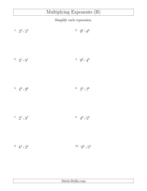 The Multiplying Exponents With Different Bases and the Same Exponent (All Positive) (H) Math Worksheet