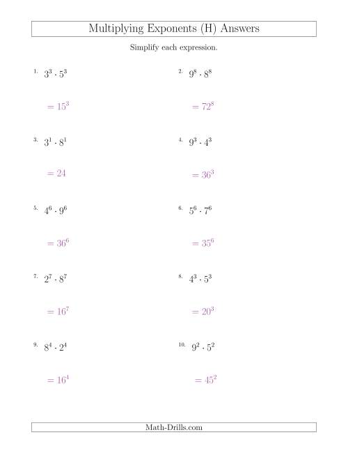 The Multiplying Exponents With Different Bases and the Same Exponent (All Positive) (H) Math Worksheet Page 2