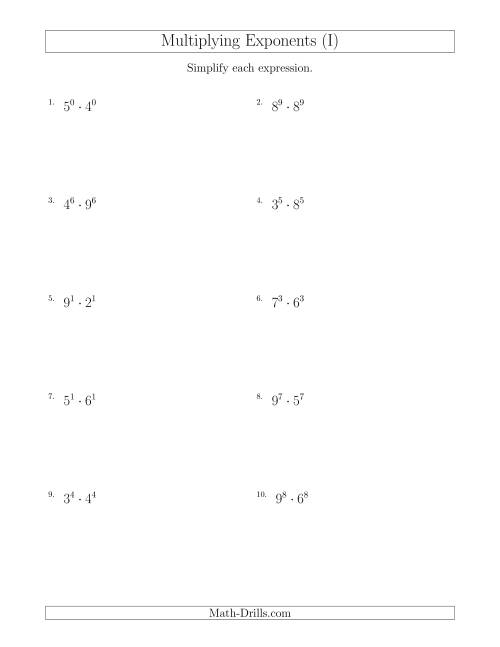 The Multiplying Exponents With Different Bases and the Same Exponent (All Positive) (I) Math Worksheet
