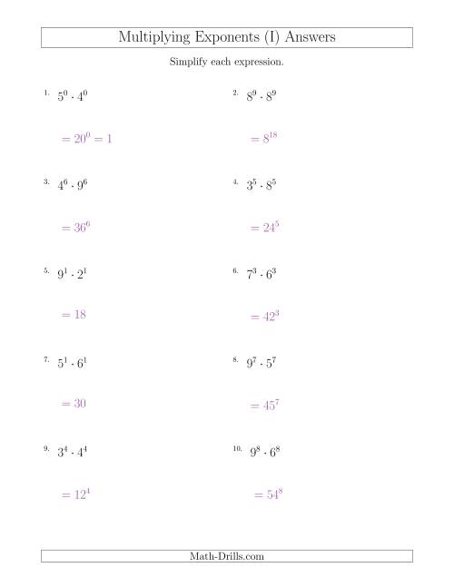 The Multiplying Exponents With Different Bases and the Same Exponent (All Positive) (I) Math Worksheet Page 2